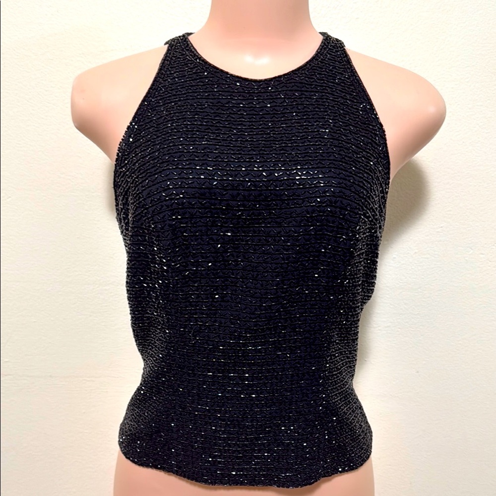 Oleg Cassini blacktie woman size 4 petite 100% silk sequined top formal dressy